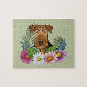 Airedale Terrier Hund Huvud Färgglada Blommor Grön Pussel