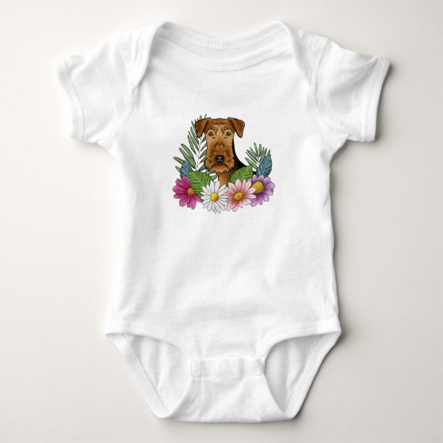 Airedale Terrier Hund Huvud Färgglada Vackra Blomm T Shirt (Framsida)