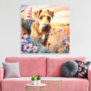 Airedale Terrier-hund i en äng med vilda blommor Canvastryck