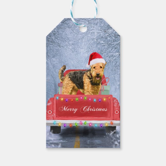 Airedale Terrier Hund i Snö sitta under jul Presentetikett (Framsidan)