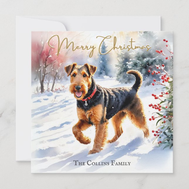 Airedale Terrier Hund i Vintersnö Jul Julkort (Framsida)