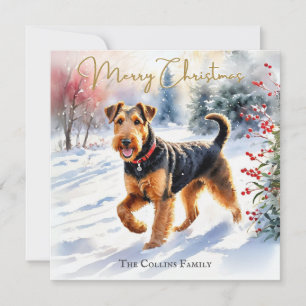 Airedale Terrier Hund i Vintersnö Jul Julkort