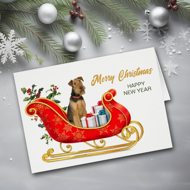 Airedale Terrier Hund jul - Helgdag Sleigh Hälsningskort (Skapare uppladdad)