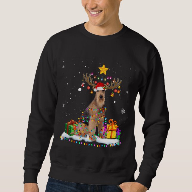 Airedale Terrier Hund jul jul Reindeer jul Lång Ärmad Tröja (Framsida)
