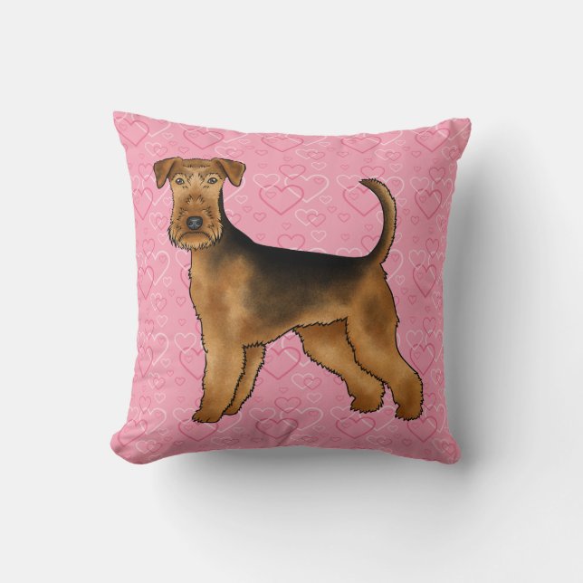 Airedale Terrier Hund Kärlek Med Rosa Hjärtmönster Kudde (Framsida)