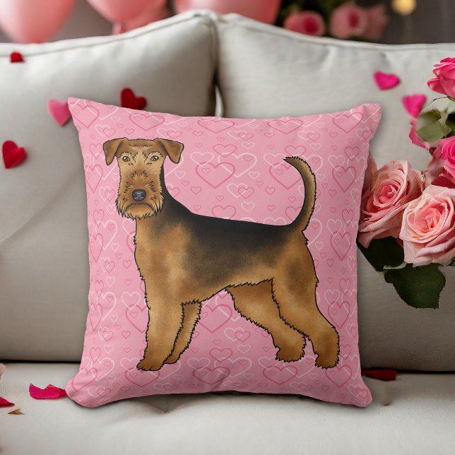 Airedale Terrier Hund Kärlek Med Rosa Hjärtmönster Kudde (Please note: This image is a digital mockup. The product may not be in scale.)