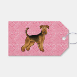 Airedale Terrier Hund Kärlek Med Rosa Hjärtmönster Presentetikett