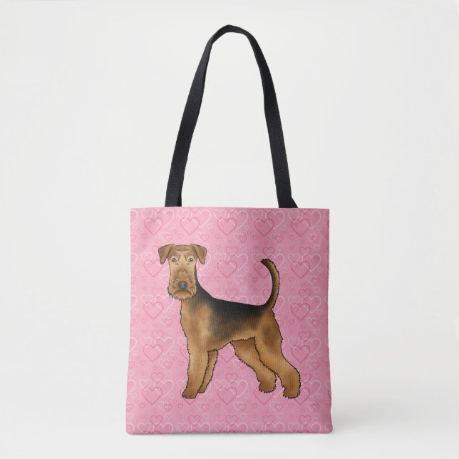 Airedale Terrier Hund Kärlek Med Rosa Hjärtmönster Tygkasse (Framsida)