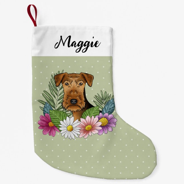 Airedale Terrier Hund Med Färgglada Blommor Grön Liten Julstrumpa (Framsidan)