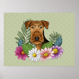 Airedale Terrier Hund Med Färgglada Blommor Grön Poster