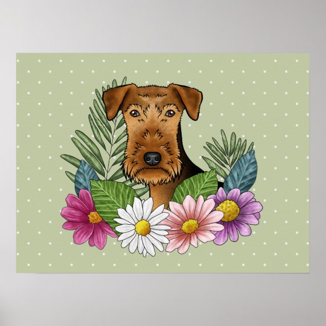 Airedale Terrier Hund Med Färgglada Blommor Grön Poster (Framsidan)