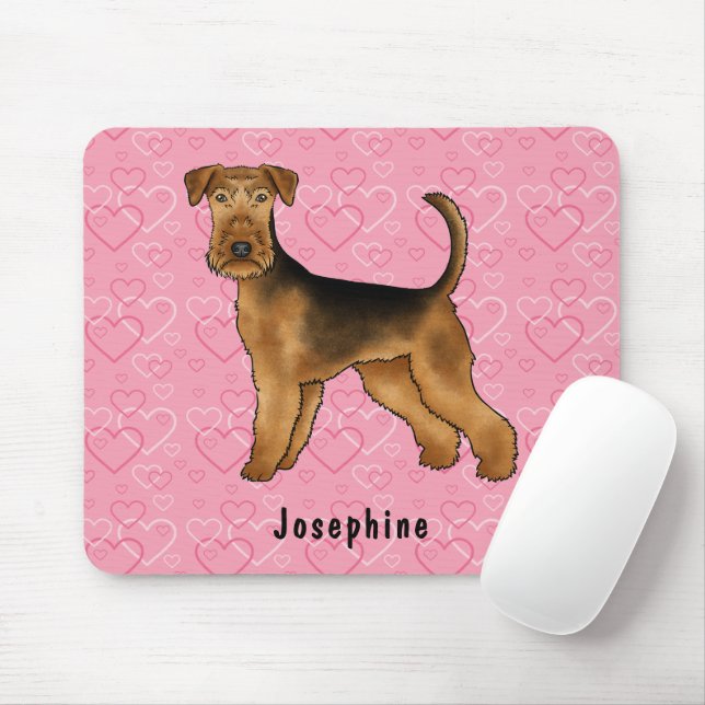 Airedale Terrier Hund med Rosa Heart Mönster Musmatta (Med mus)