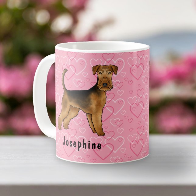 Airedale Terrier Hund med Rosa Hearts och Namn Kaffemugg (Skapare uppladdad)
