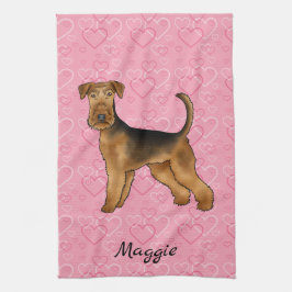 Airedale Terrier Hund Med Rosa Hjärtan Och Namn Kökshandduk