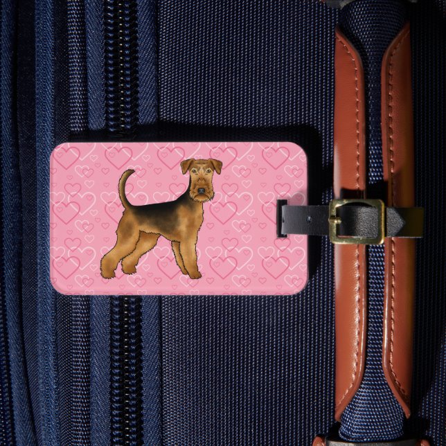 Airedale Terrier Hund Med Rosa Hjärtan Och Text Bagagebricka (Framsida Insitu 4)