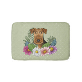 Airedale Terrier Hund Och Färgglada Blommor Grön Badrumsmatta