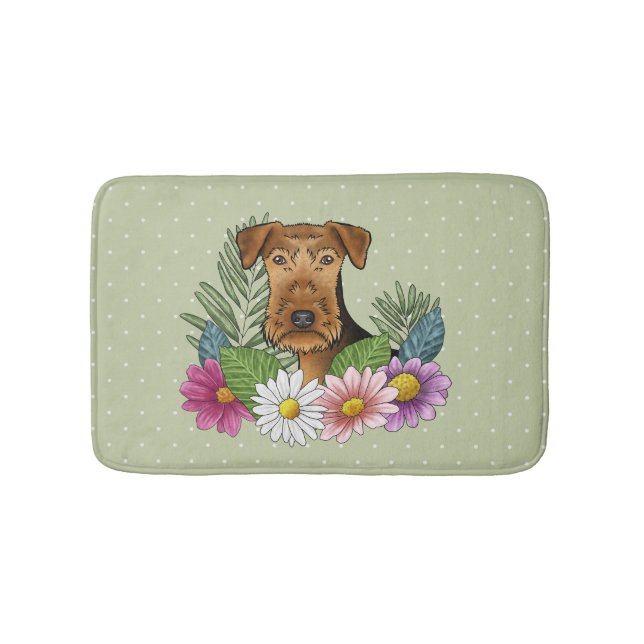 Airedale Terrier Hund Och Färgglada Blommor Grön Badrumsmatta (Framsidan)