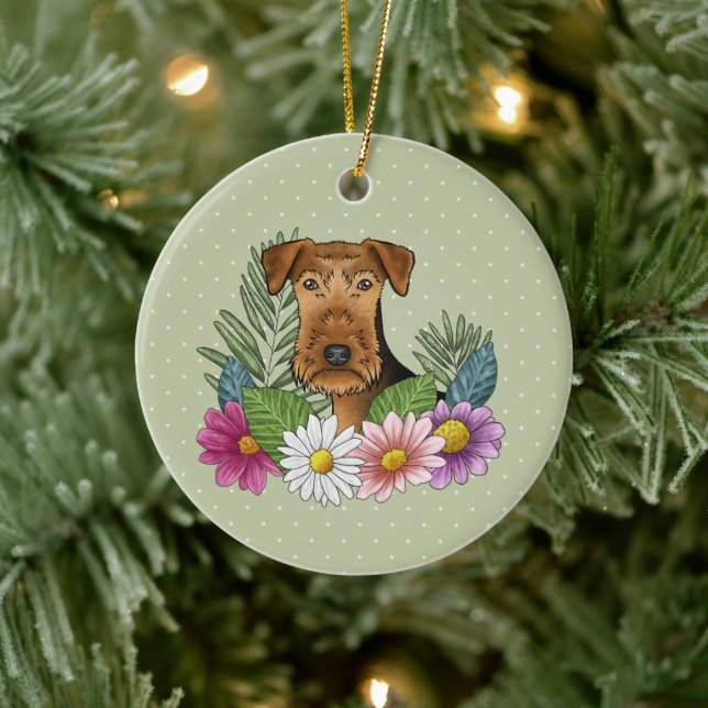 Airedale Terrier Hund Och Färgglada Blommor Grön Julgransprydnad Keramik (Träd)