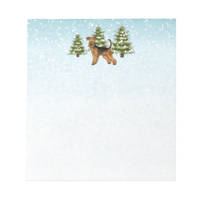 Airedale Terrier Hund Snöig Vinter Skog Festlig Anteckningsblock (Framsida)