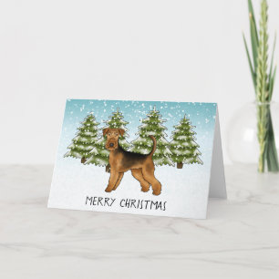 Airedale Terrier Hund Snöig Vinter Skog Festlig Kort