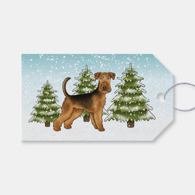 Airedale Terrier Hund Snöig Vinter Skog Festlig Presentetikett (Framsidan (Horisontell))