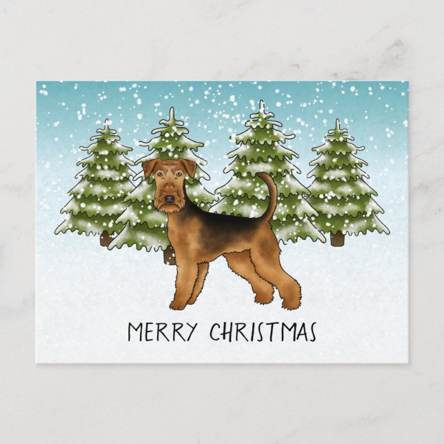 Airedale Terrier Hund Snöig Vinter Skog Festlig Vykort (Framsida)