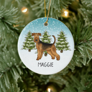 Airedale Terrier Hund Snöig Vinter Skog Och Namn Julgransprydnad Keramik