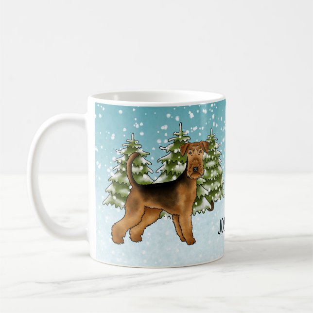 Airedale Terrier Hund Snöig Vinter Skog Och Namn Kaffemugg (Vänster)