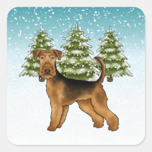 Airedale Terrier Hund Snowy Winter Forest Festive Fyrkantigt Klistermärke