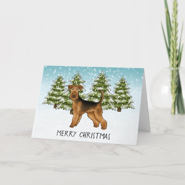 Airedale Terrier Hund Snowy Winter Forest Festive Kort (Framsida)