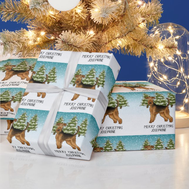 Airedale Terrier Hund Snowy Winter Forest Festive Presentpapper (Helgdagar)