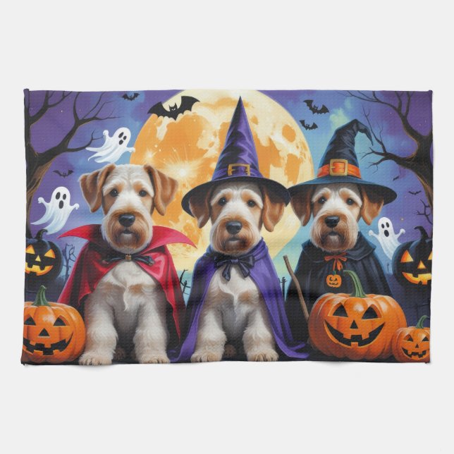 Airedale Terrier Hundar Pumpkin Halloween Rolig Kökshandduk (Horisontell)