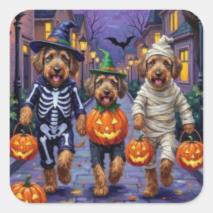 Airedale Terrier Hundar Trick-or-Treating Hallowee Fyrkantigt Klistermärke