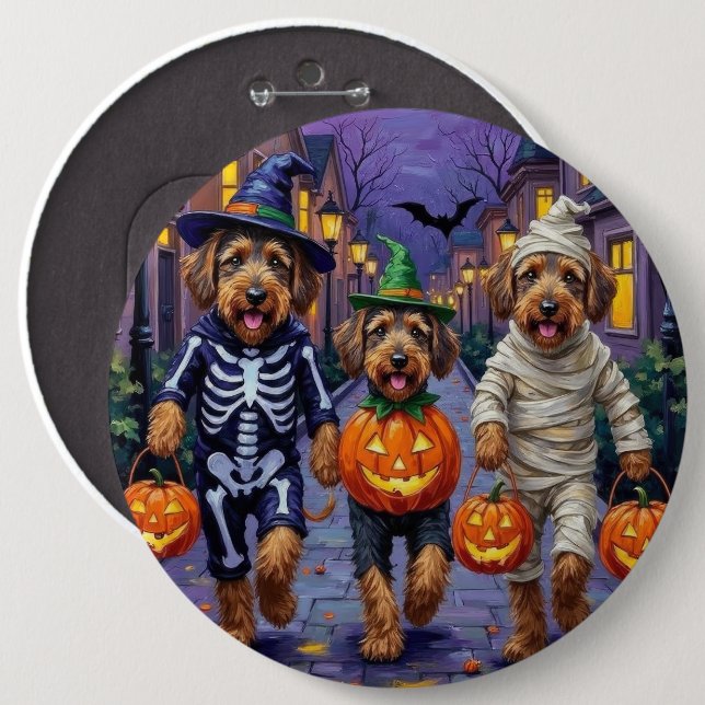 Airedale Terrier Hundar Trick-or-Treating Hallowee Knapp (Framsida & baksida)