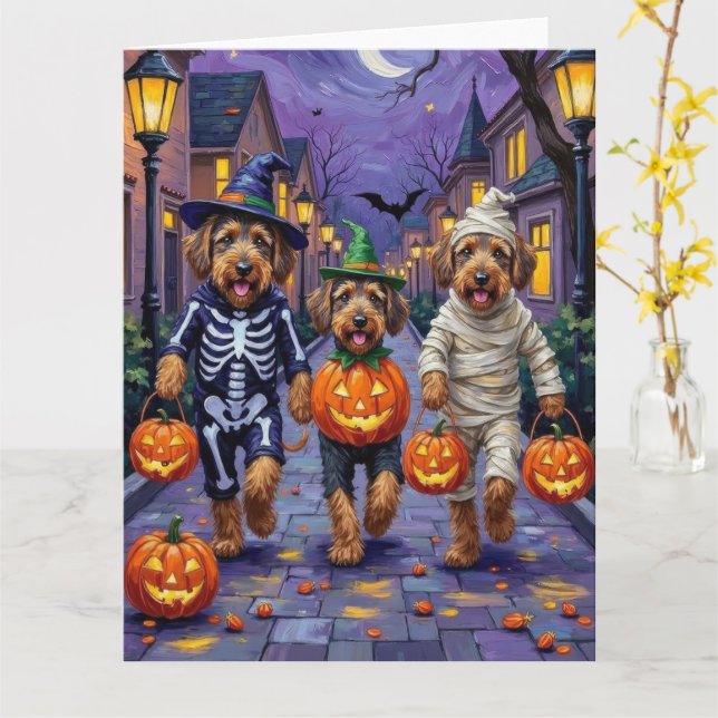 Airedale Terrier Hundar Trick-or-Treating Hallowee Kort (Gul blomma)