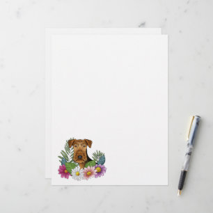 Airedale Terrier Hundhuvud med färgglada blommor Brevhuvud