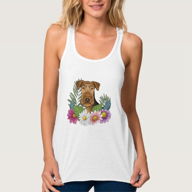 Airedale Terrier Hundhuvud med vackra blommor Linne Med Racerback (Framsida)