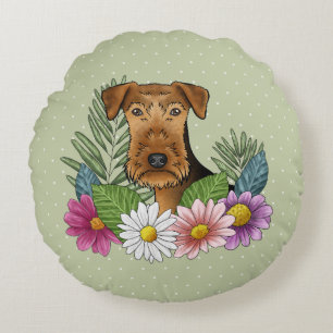 Airedale Terrier-huvud med färgglada sommarblommor Rund Kudde