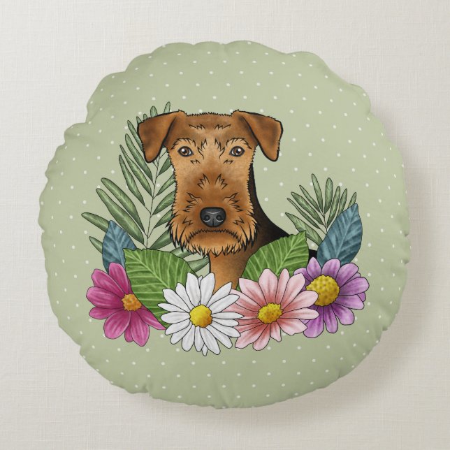 Airedale Terrier-huvud med färgglada sommarblommor Rund Kudde (Framsidan)