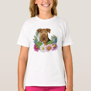 Airedale Terrier Huvud Och Blommig Natur Blommor T Shirt