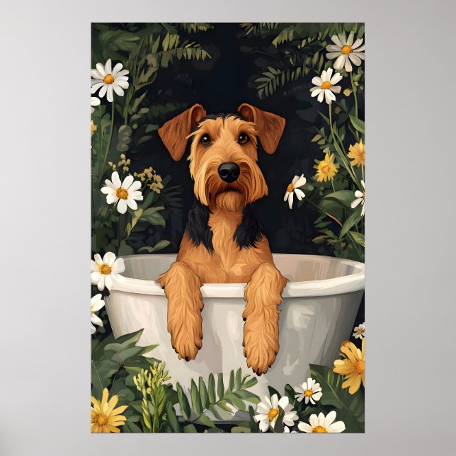 Airedale Terrier I Badtunskåp Affisch, Rolig Hund Poster (Framsidan)