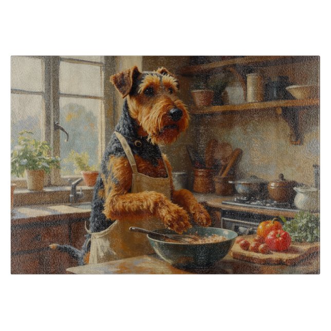 Airedale Terrier lagar mat i köket (Framsidan)