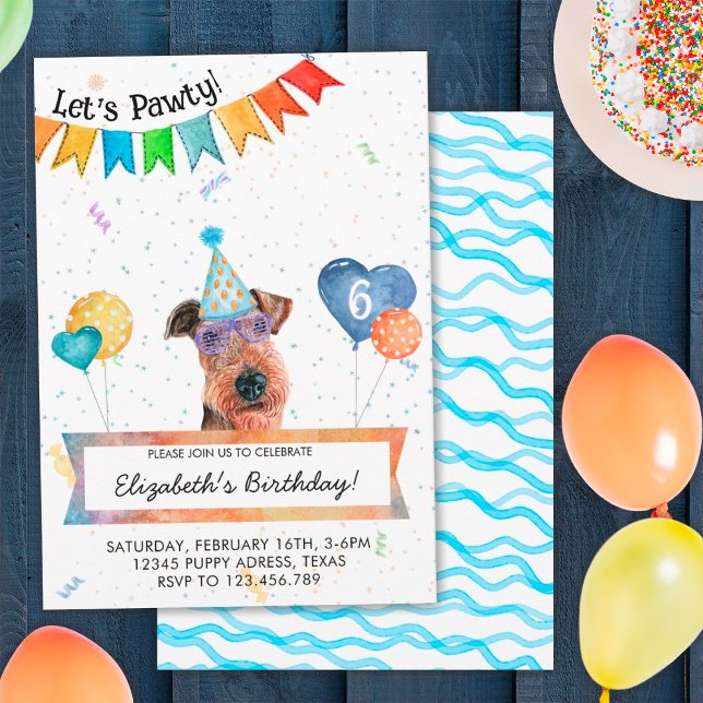 Airedale Terrier Låter Pawty Hund Födelsedagsfiran Inbjudningar (Front and Back)