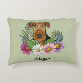 Airedale Terrier med färgblommor och Namn Prydnadskudde