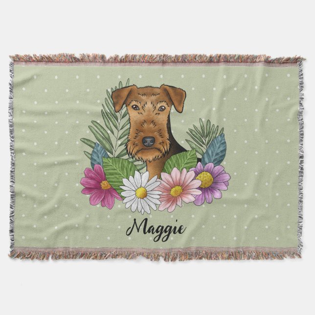 Airedale Terrier med färgglada blommor och namn Filt (Framsidan)