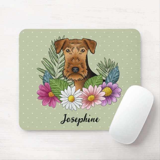 Airedale Terrier med färgglada blommor och namn Musmatta (Med mus)