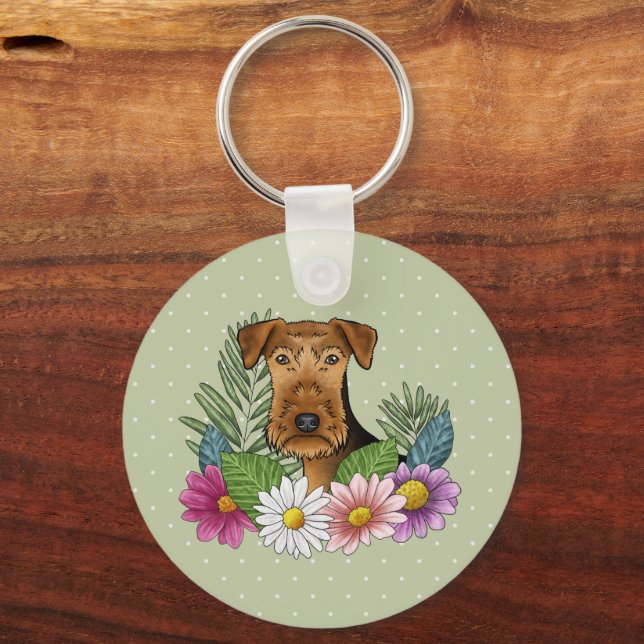 Airedale Terrier Med Färgglada Blommor Och Namn Nyckelring (Framsida)