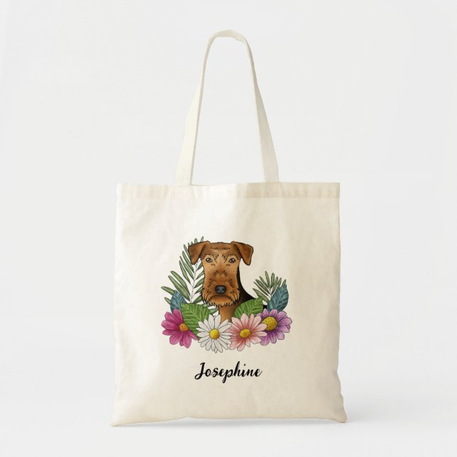Airedale Terrier Med Färgglada Blommor Och Namn Tygkasse (Framsidan)