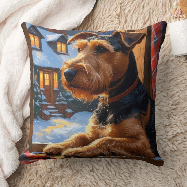 Airedale Terrier med julbelysning Holiday  Kudde (Filt)