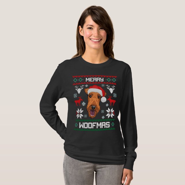 Airedale Terrier Merry Woofmas jul T Shirt (Hel framsida)